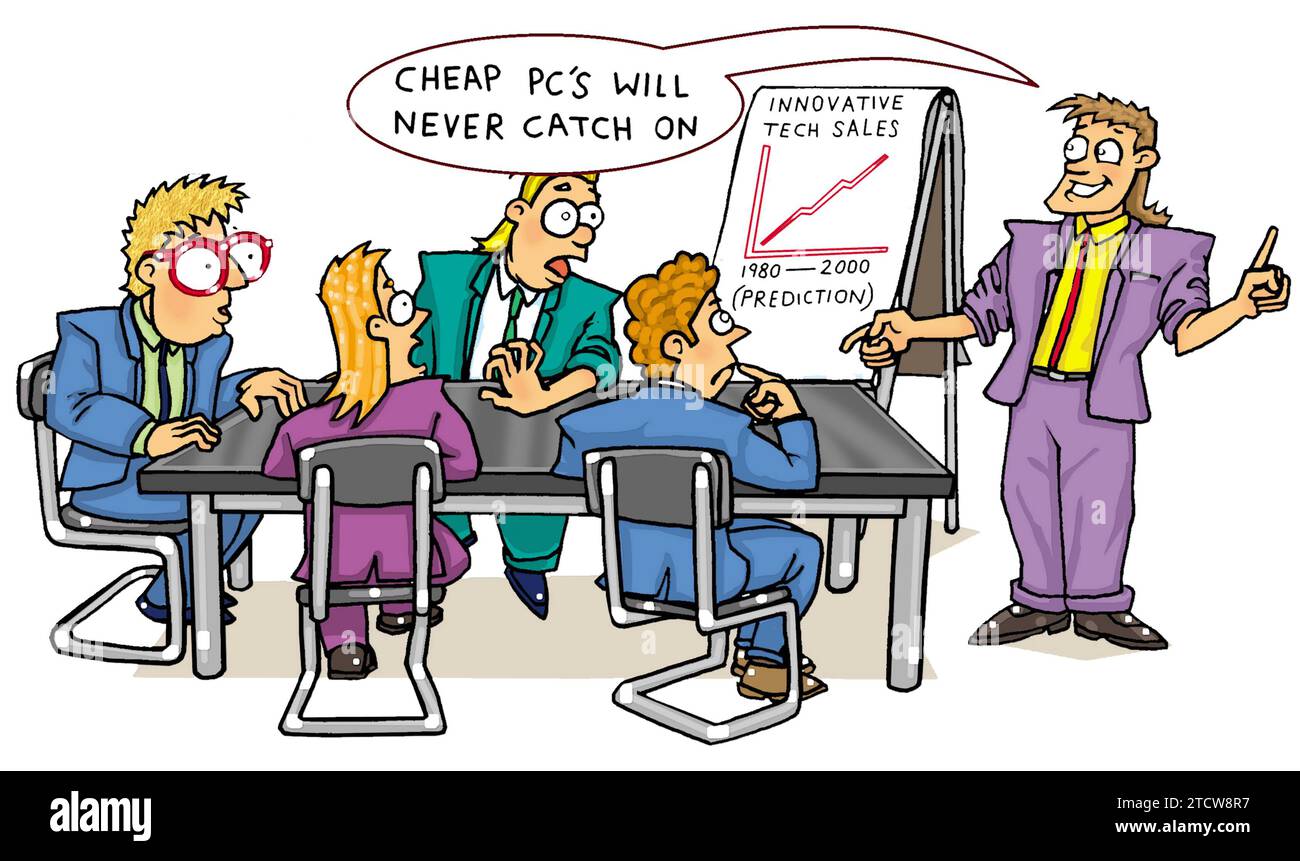 Concept art, men in a marketing meeting, circa 1980s, one says, 'Cheap PC's will never catch on', illustrating bad predictions, bad business marketing Stock Photo