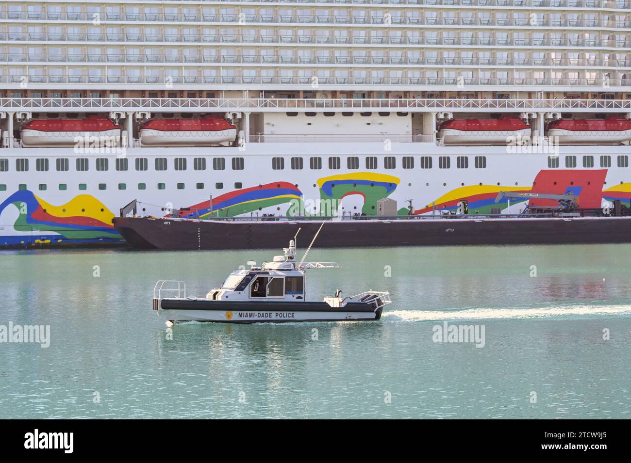 Miami, Florida, USA - 3 December 2023: Police patrol boat operated by the Miami Dade police department patrolling the city's port. Stock Photo