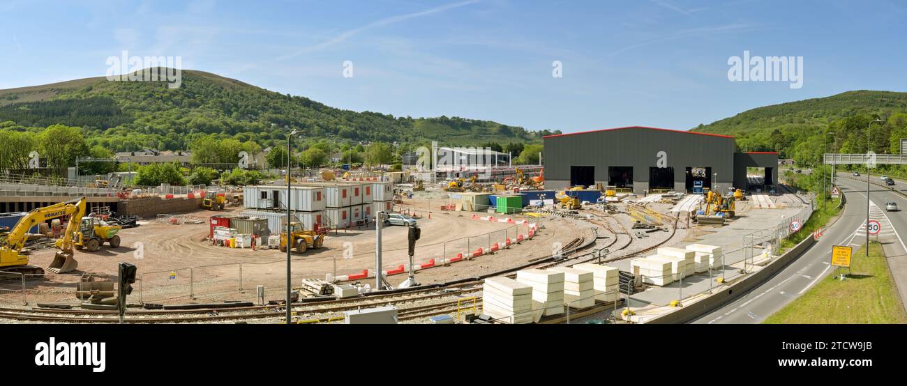 Taffs Well, Cardiff, Wales - 21 May 2023: Panoramic view of a new train depot under construction for Transport for Wales on the outskirts of Cardiff Stock Photo