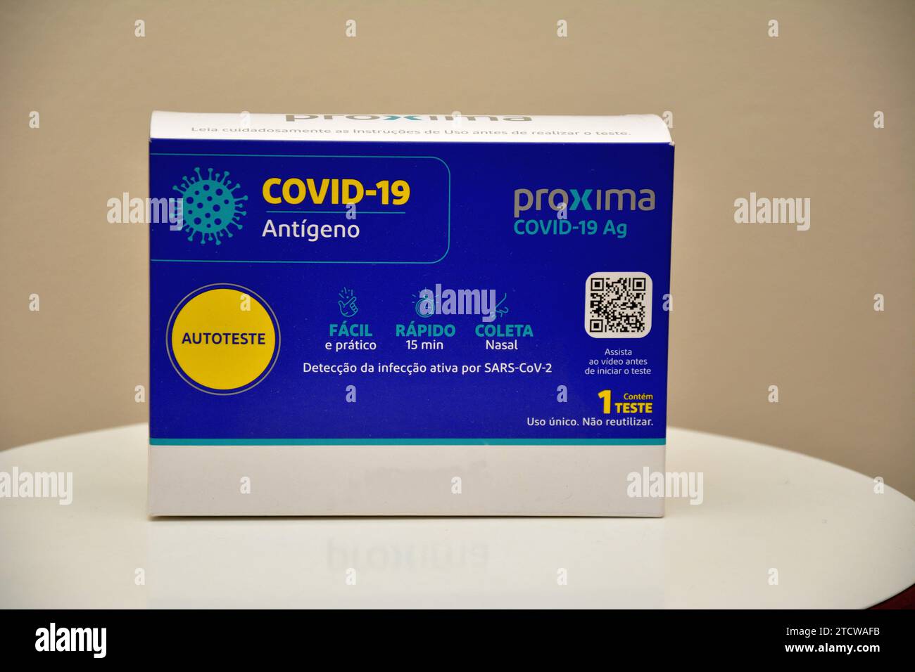 São Paulo, Brazil, 2023-11-30: Box with self-test and rapid diagnosis of Covid 19 for use at home. Stock Photo