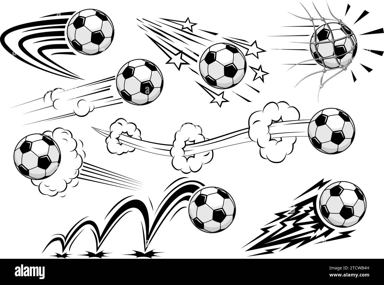 Soccers football balls fly at high speed. Vector on transparent