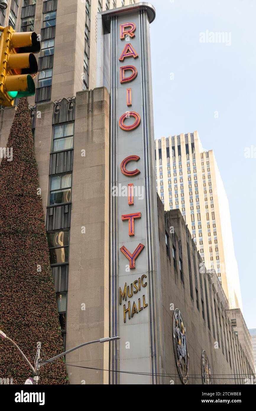 Radio City Music Hall is located in the Manhattan neighborhood of New York City and located near Rockefeller Center. Stock Photo