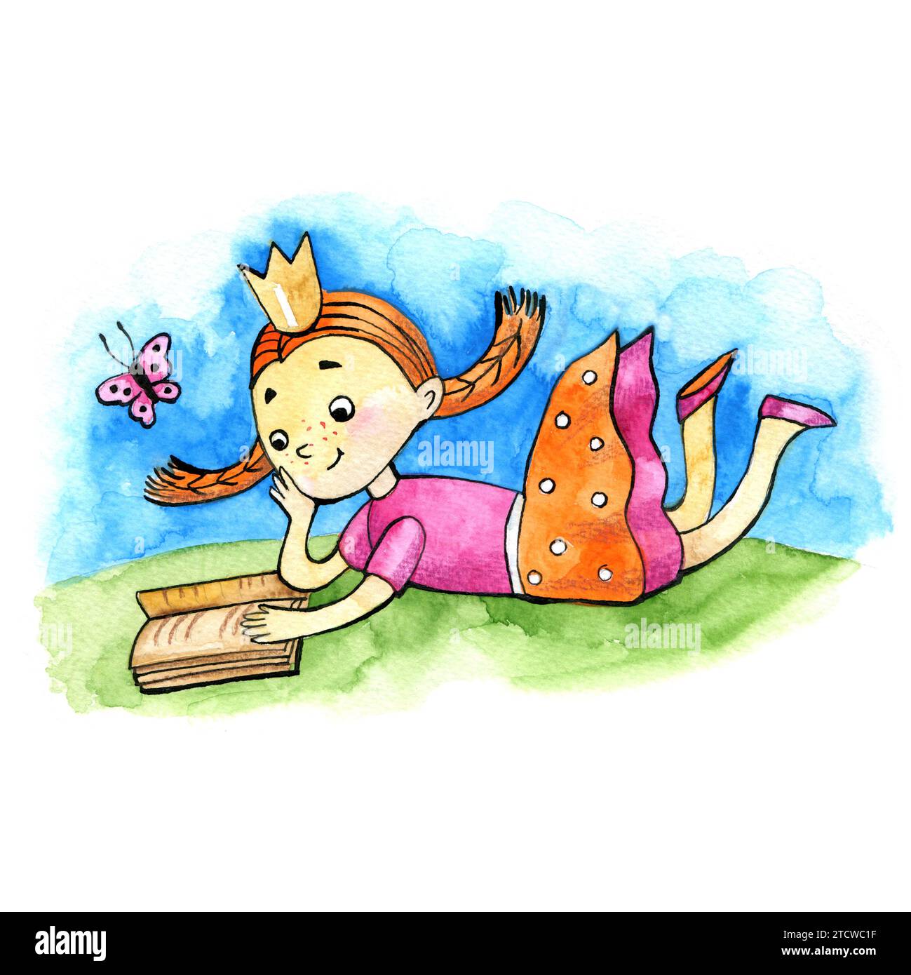 Watercolor illustration. Happy cute little kid girl princess reading study learn. Character story book school Stock Photo