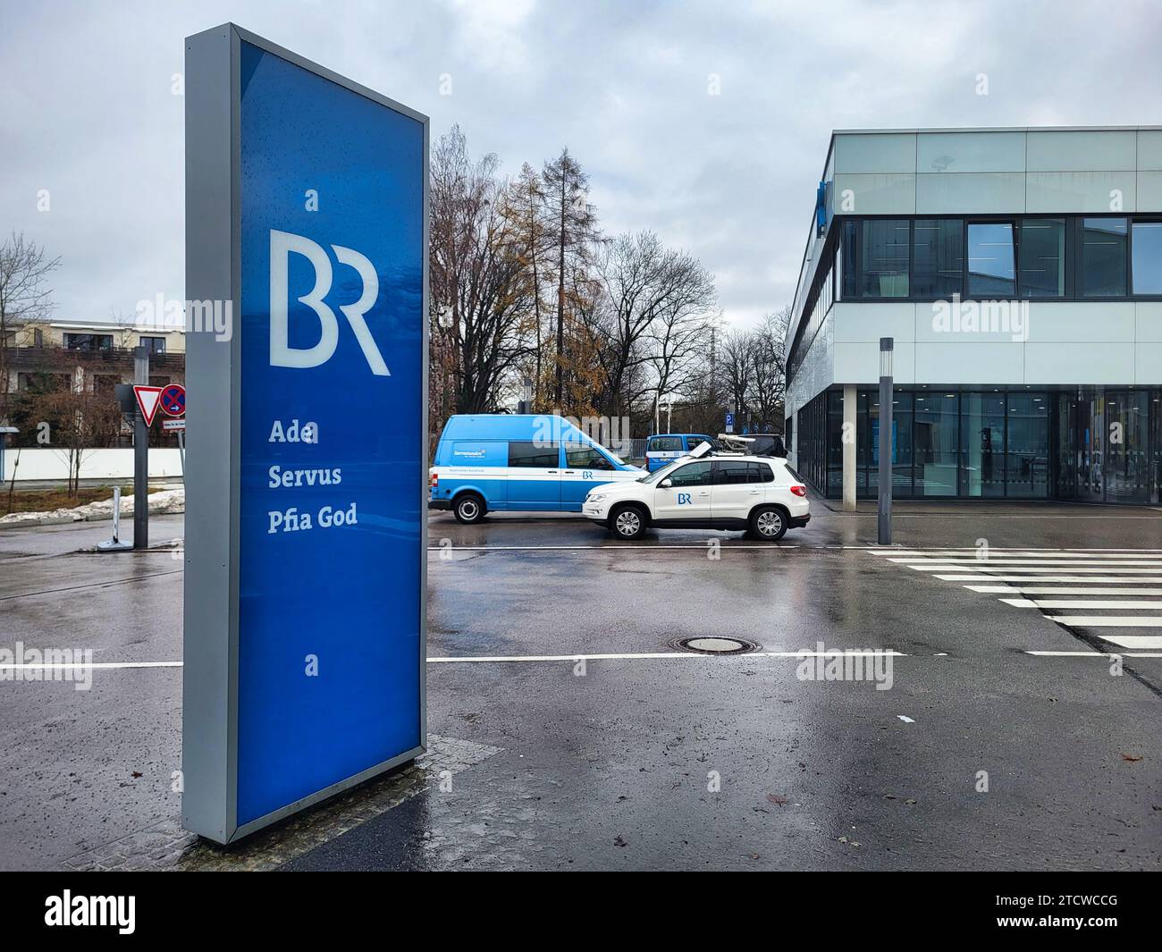 MUNICH, GERMANY - DECEMBER 14, 2023: Signage of Bayerischer Rundfunk, a public-service radio and television broadcaster Stock Photo