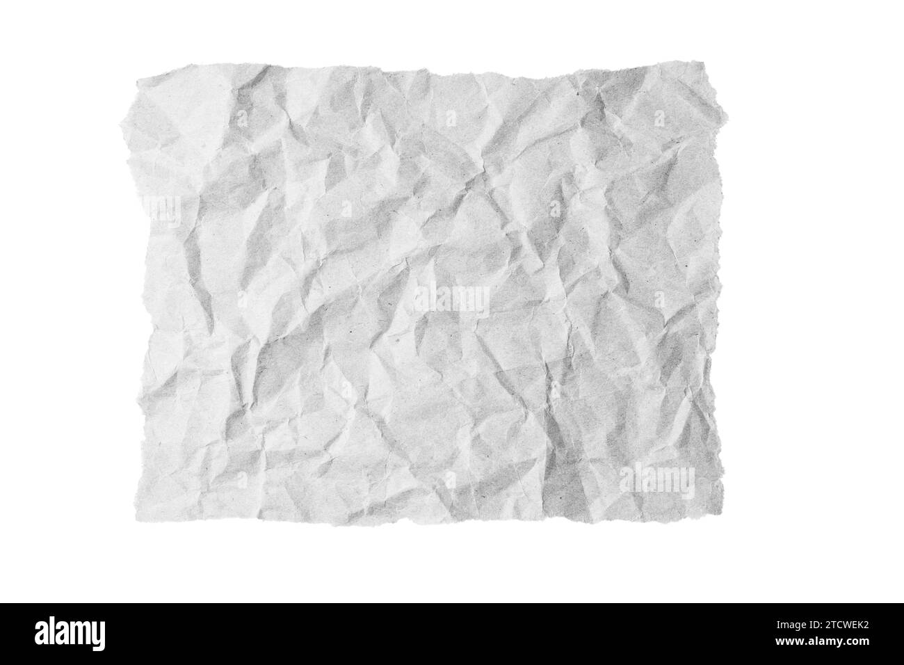 White crumpled rectangle sheet of paper with torn edge isolated on white background. Recycled craft paper wrinkled, creased texture, grunge border. Te Stock Photo