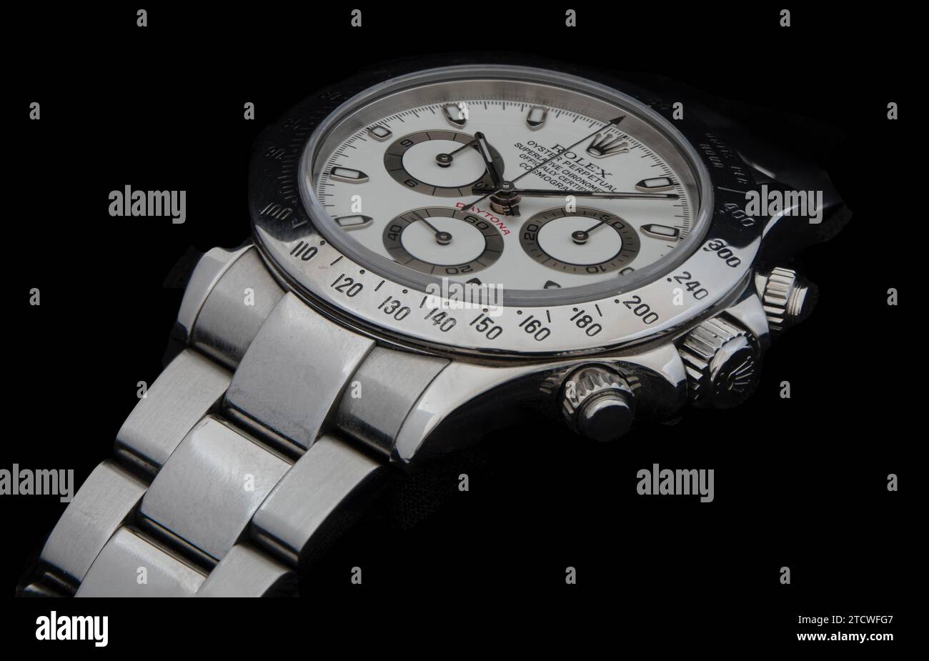 Rolex Oyster Daytona wristwatch from Rolex a Swiss watchmaker of luxury watches. Isolated on black background. Copenhagen, Denmark - September 20, 202 Stock Photo
