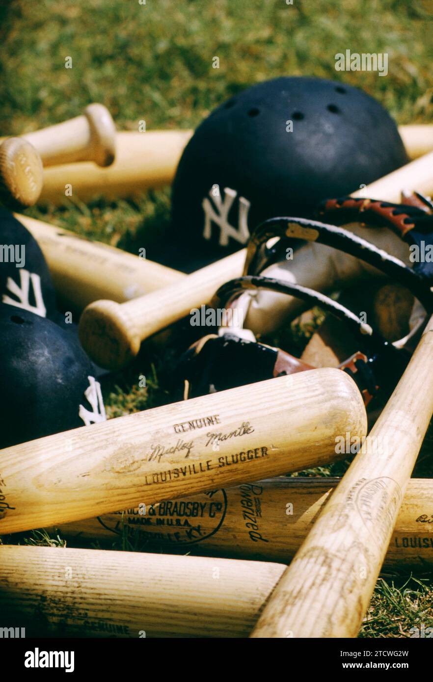 FL FEBRUARY, 1957 Detail view of bats, helmets and a catcher's mask