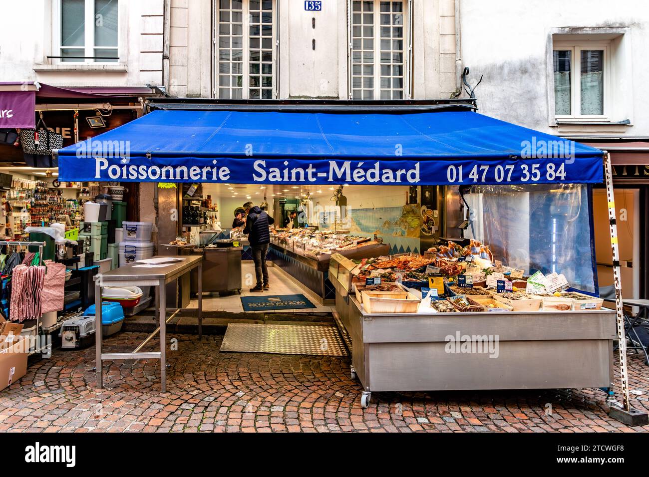 Poissonnerie Saint-Médard a fishmonger on Rue Mouffetard in the 5th arrondissement of Paris, France Stock Photo