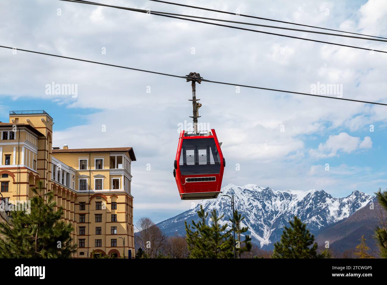 The cabin of the cable car against the backdrop of picturesque ...