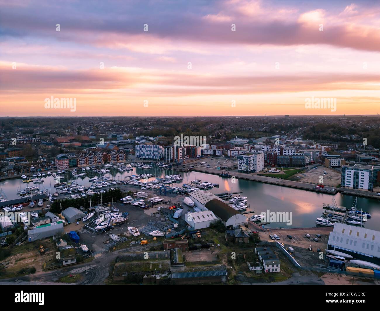 An aerial photo of the Wet Dock in Ipswich, Suffolk, UK at sunrise ...