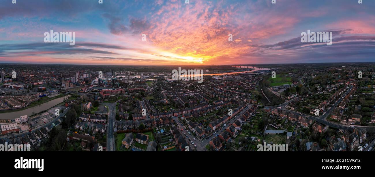 An aerial photo of the Wet Dock in Ipswich, Suffolk, UK at sunrise ...