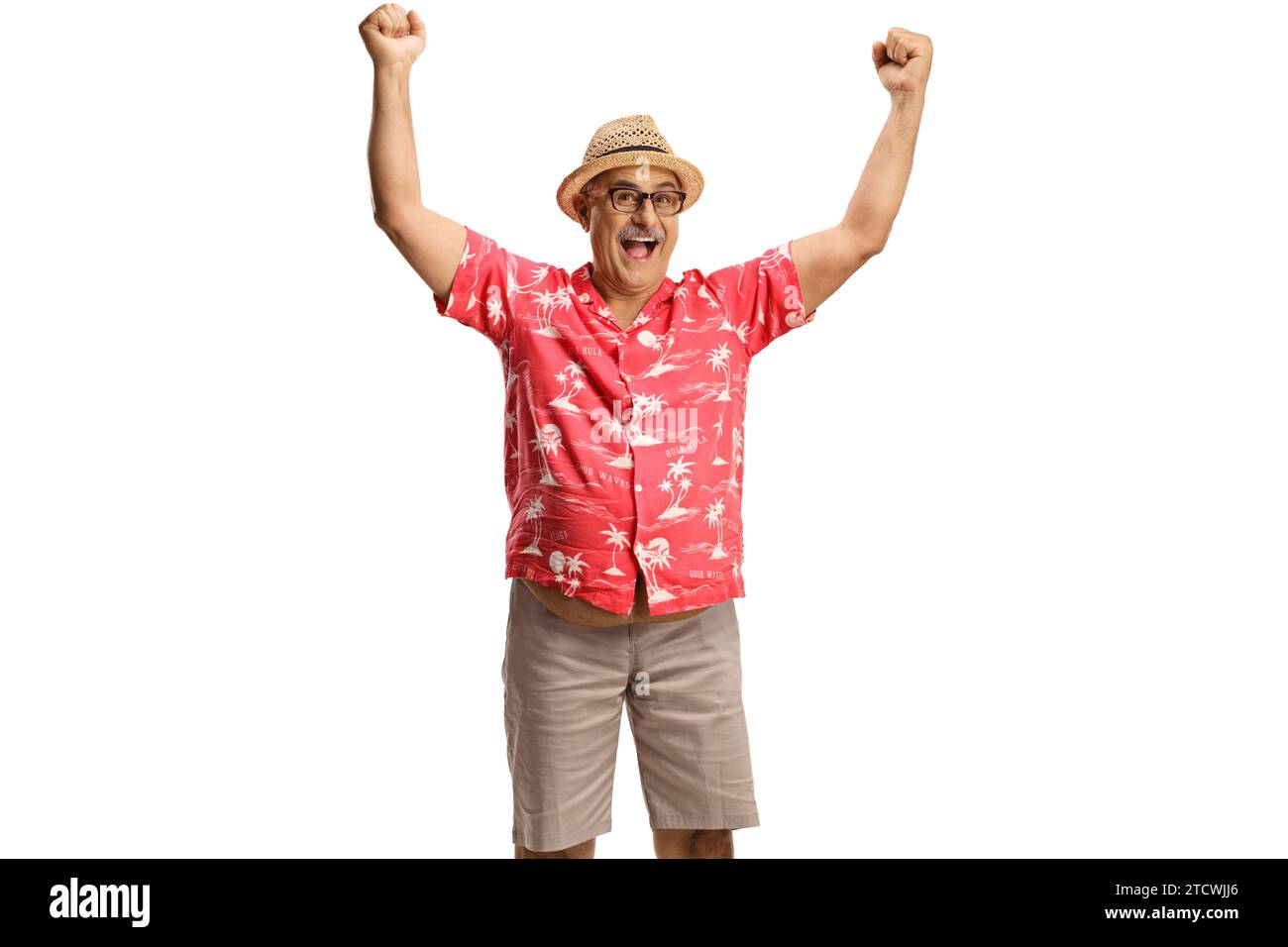 Overjoyed mature man gesturing happiness with arms up isolated on white background Stock Photo