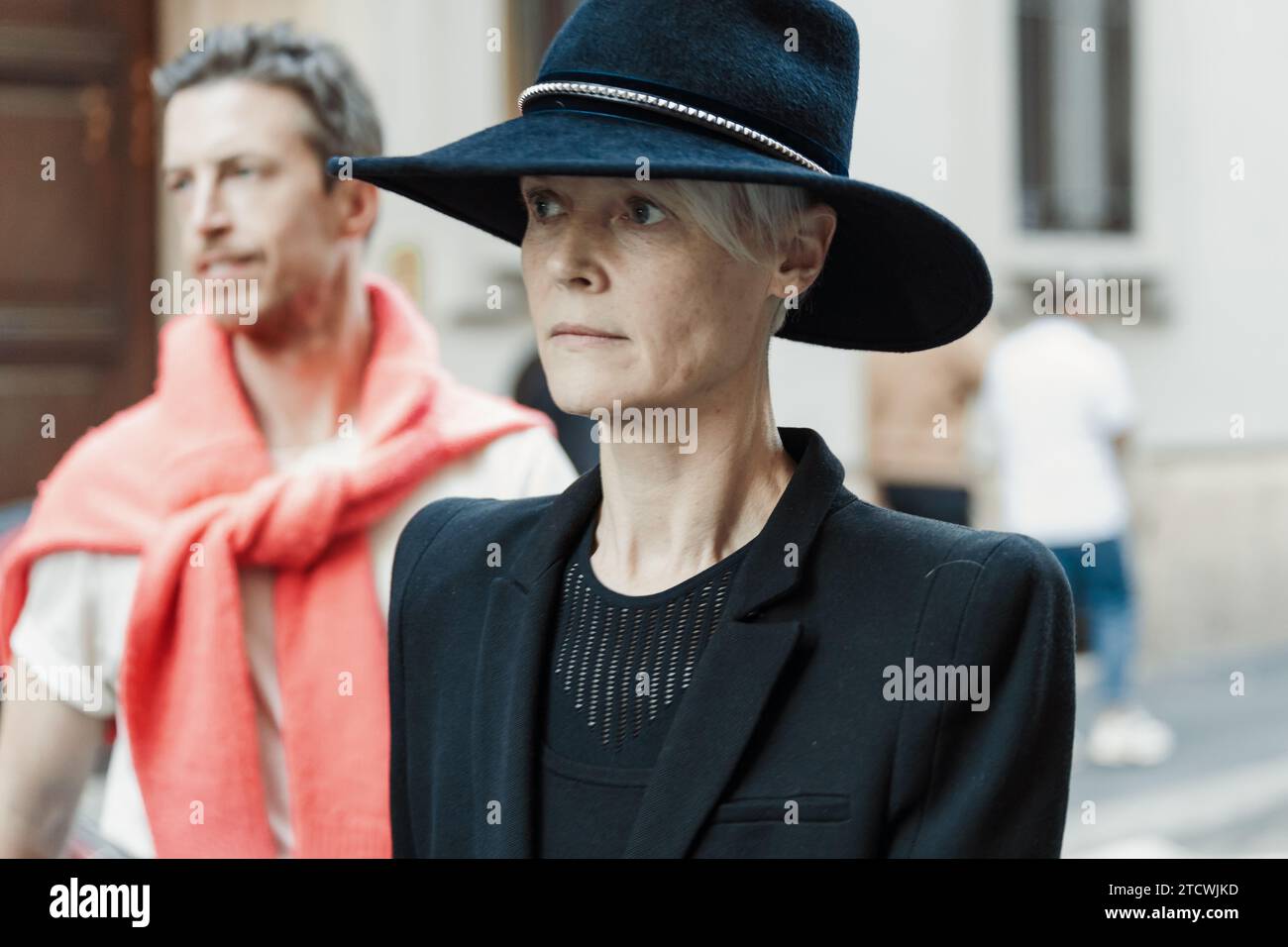 Kate Lanphear outside Giorgio Armani show during Milan Fashion Week Womenswear Spring/Summer 2024. Stock Photo