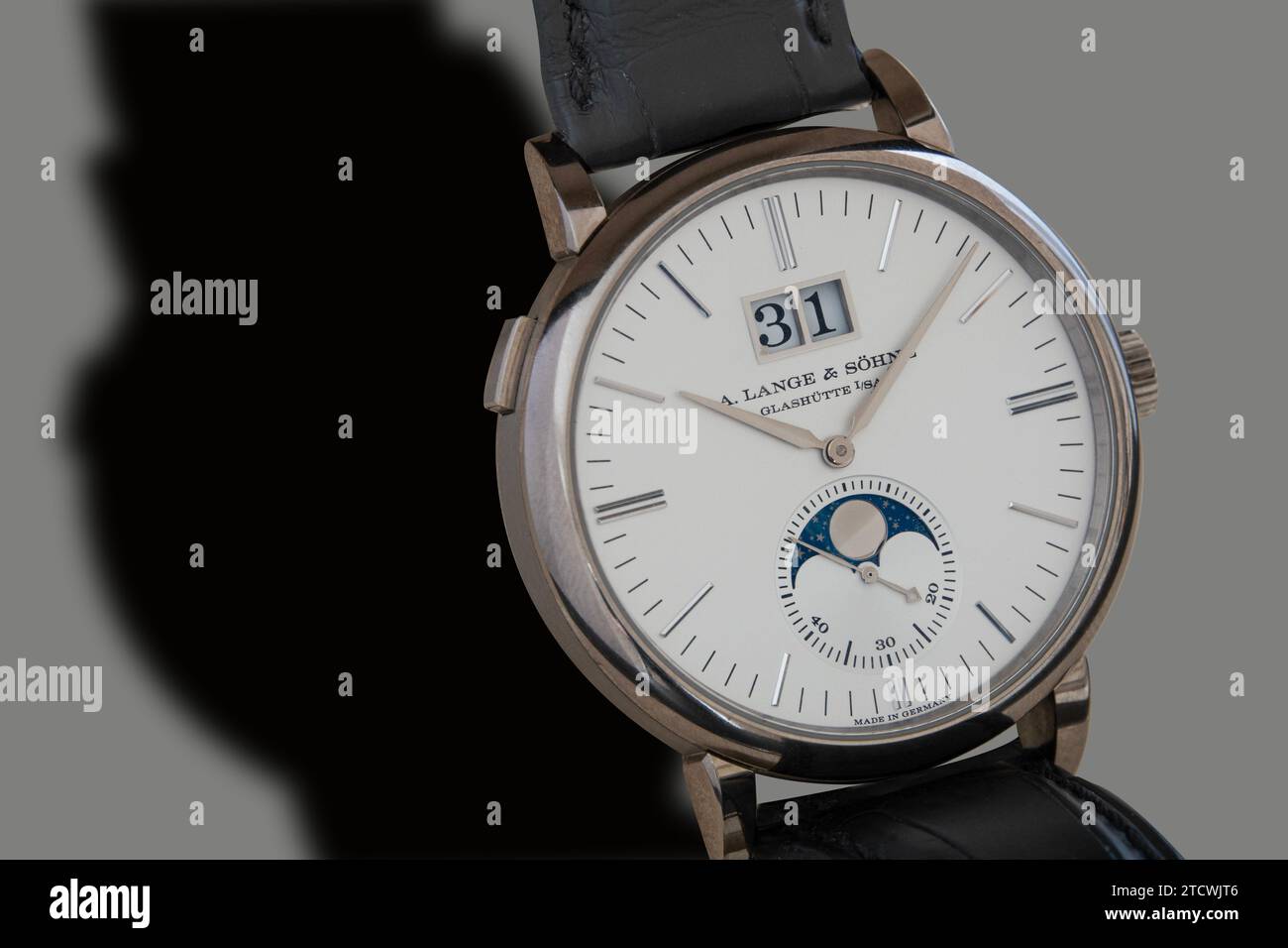 Saxonia Moon Phase wristwatch from A. Lange und Sohne German manufacturer of luxury and prestige watches. Copenhagen, Denmark - September 18, 2023. Stock Photo