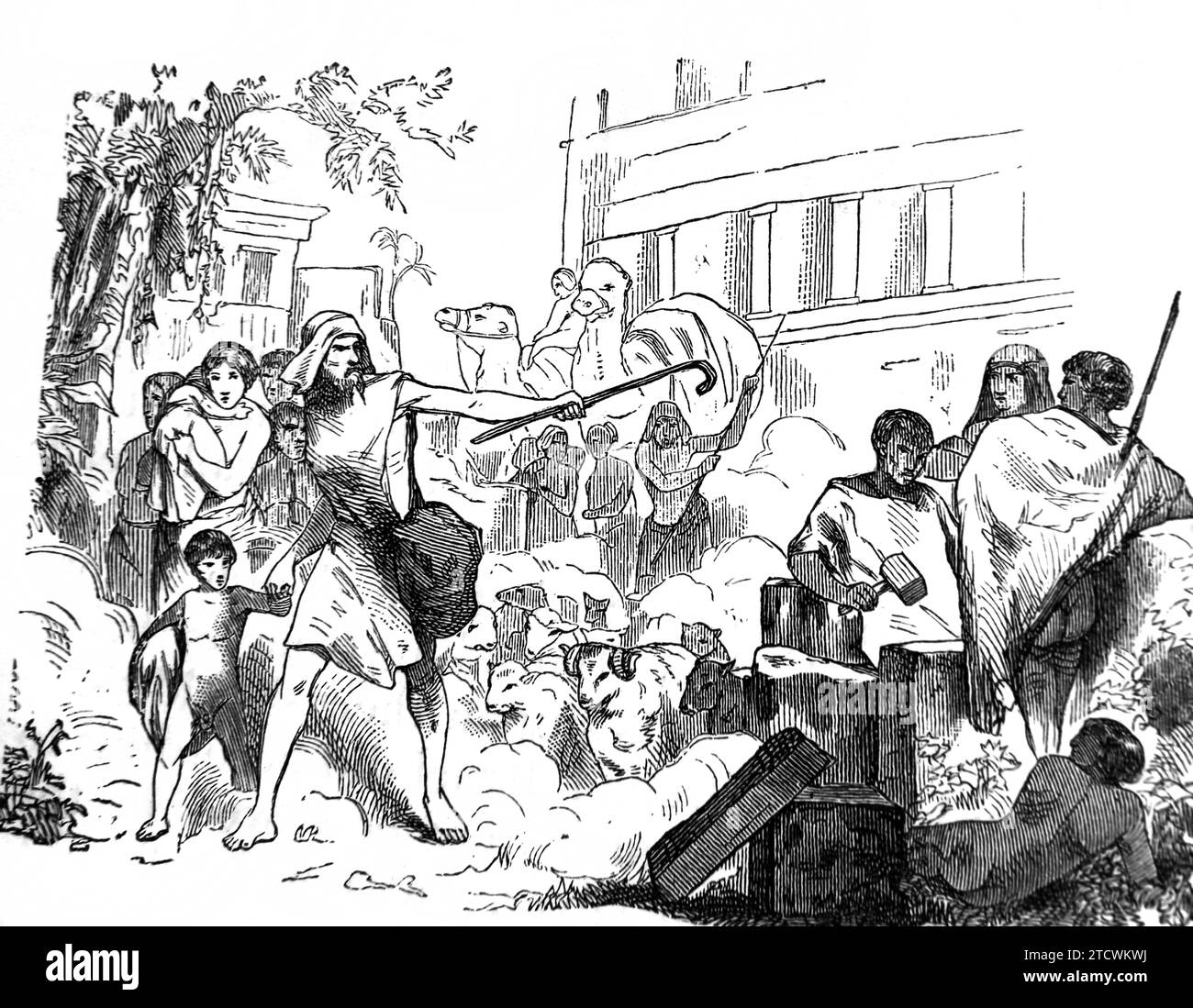 Illustration of the Departure of the Israelites (Exodus) from 19th Century Antique Bible Stock Photo