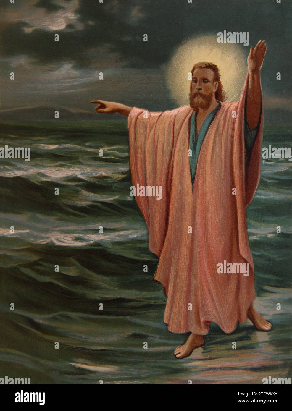 Chromolithographic Print of 'Jesus Walking on Water' on the Sea of Galilee from the New Testament Gospel of John by P.R.Morris Stock Photo