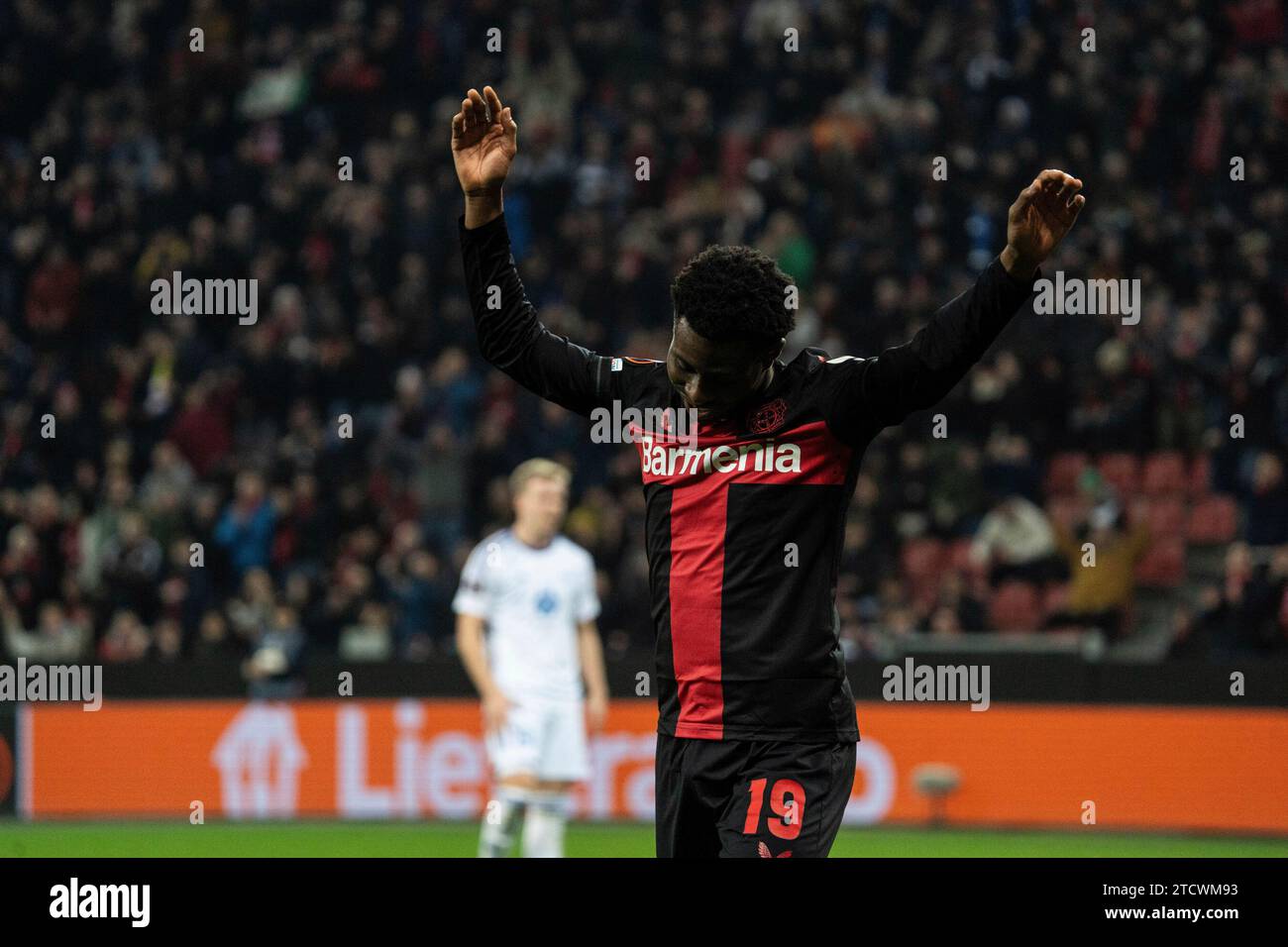 Leverkusen, Deutschland. 14th Dec, 2023. 14.12.2023, BayArena, Leverkusen, GER, UEFA Europa League 6 Spieltag, Bayer 04 Leverkusen vs Molde Fotballklubb Im Bild: Nathan Tella (Bayer 04 Leverkusen, #19) Torjubel/Jubel ueber das Tor zum 3:0 (Eigentor von Martin Ellingsen (Molde Fotballklubb, #6)) Foto © nordphoto GmbH/Christian Schulze Credit: dpa/Alamy Live News Stock Photo