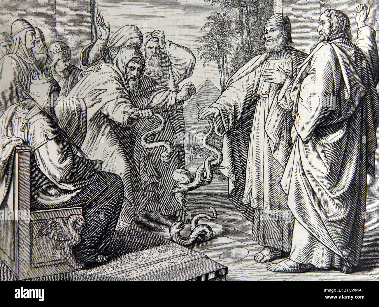 Illustration of Aaron's Rod Swallowing up the Pharoah's Rods (Exodus) from Antique Bible Stock Photo