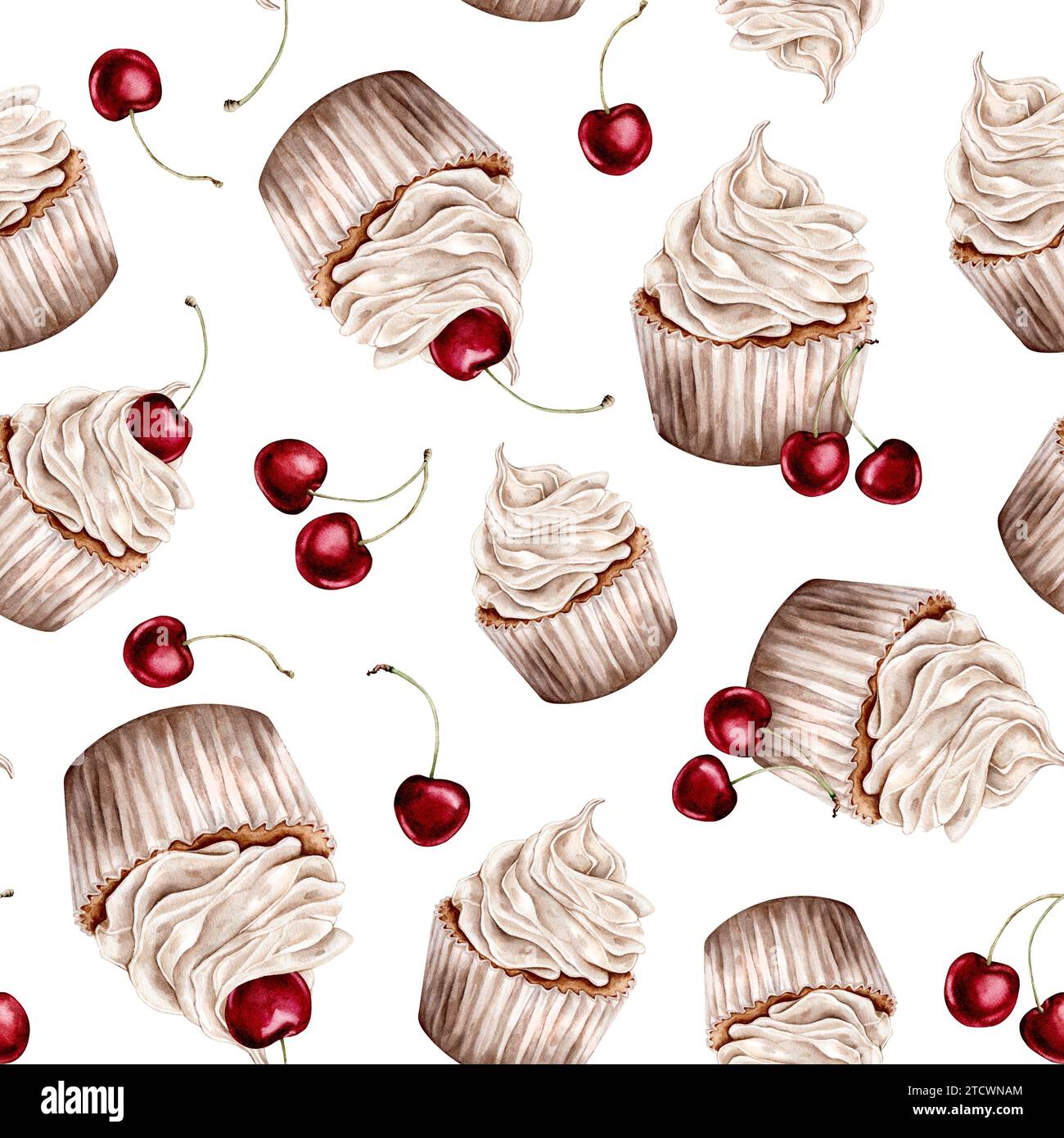 Seamless pattern watercolor sweets cupcake with cherry. Design holidays ...