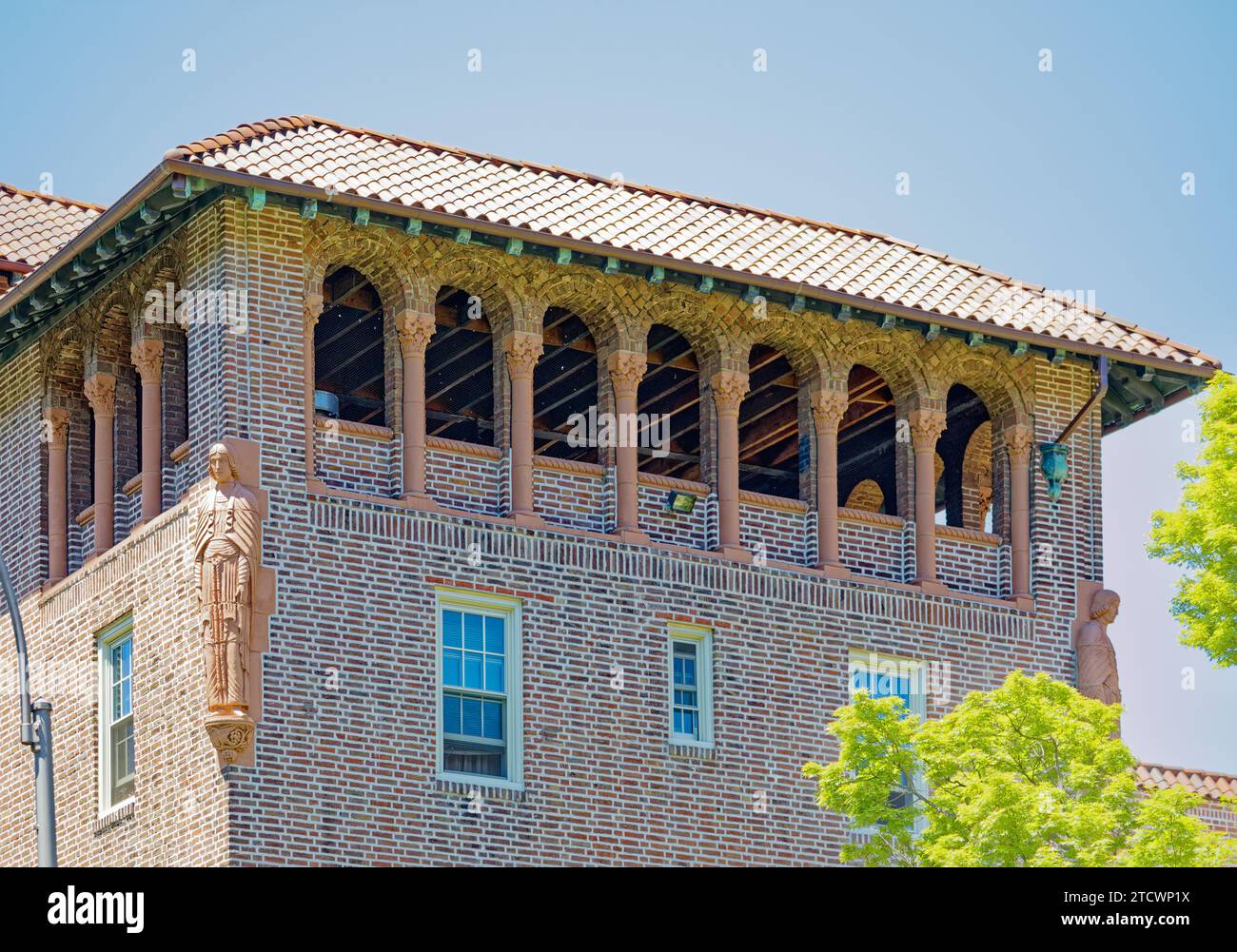 Statues attend the entrance to Cedar Court’s central courtyard; the