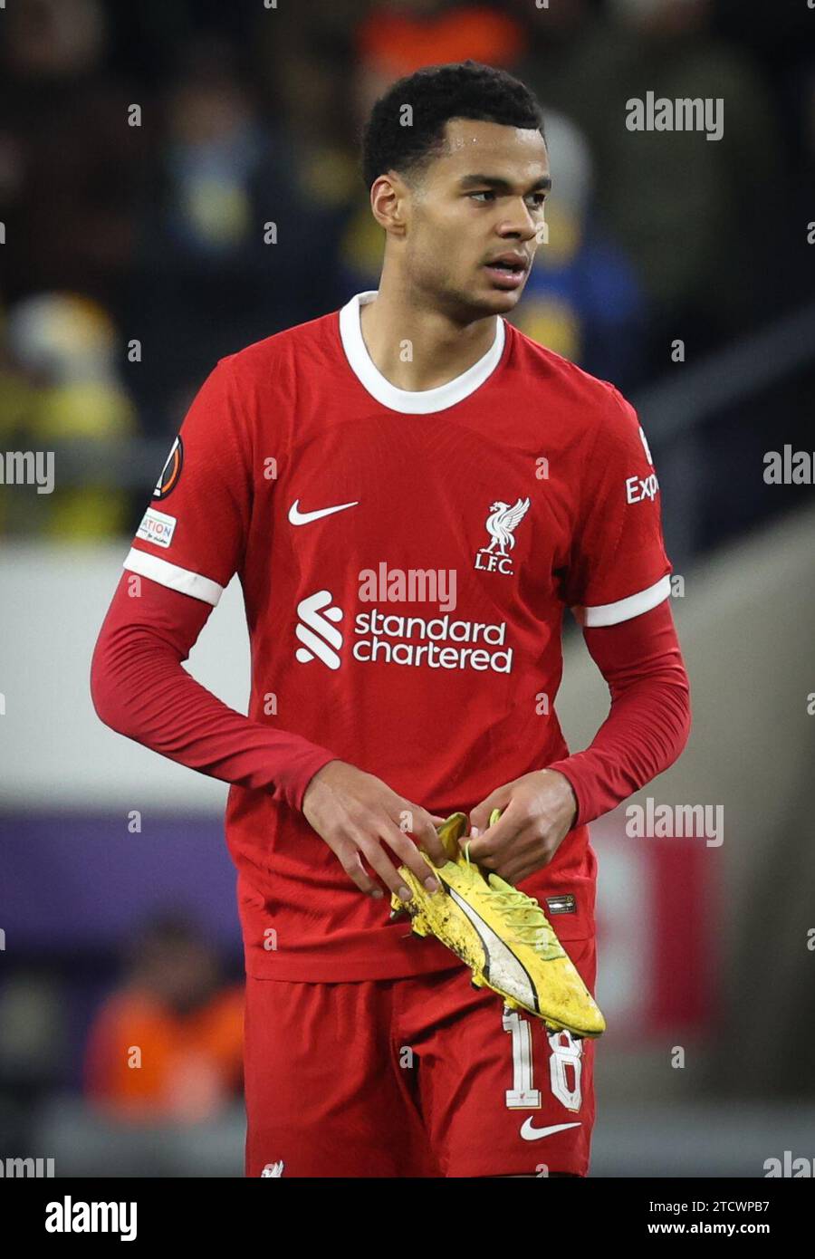 Brussels, Belgium. 14th Dec, 2023. Liverpool's Cody Gakpo pictured during a game between Belgian soccer team Royale Union Saint Gilloise and English club Liverpool FC, on Thursday 14 December 2023 in Brussels, on the sixth and last day of the group phase of the UEFA Europa League competition, in group E. BELGA PHOTO VIRGINIE LEFOUR Credit: Belga News Agency/Alamy Live News Stock Photo