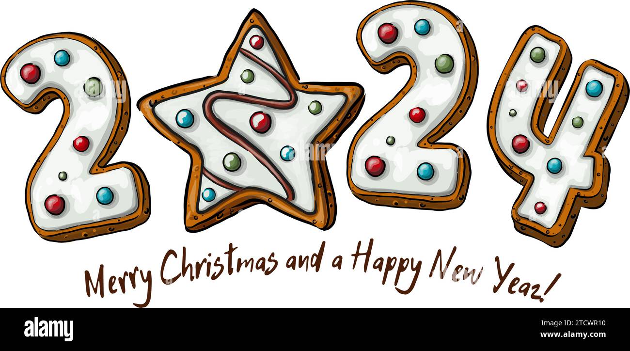 Text 2024 in gingerbread style with multi-colored icing. New Year 
