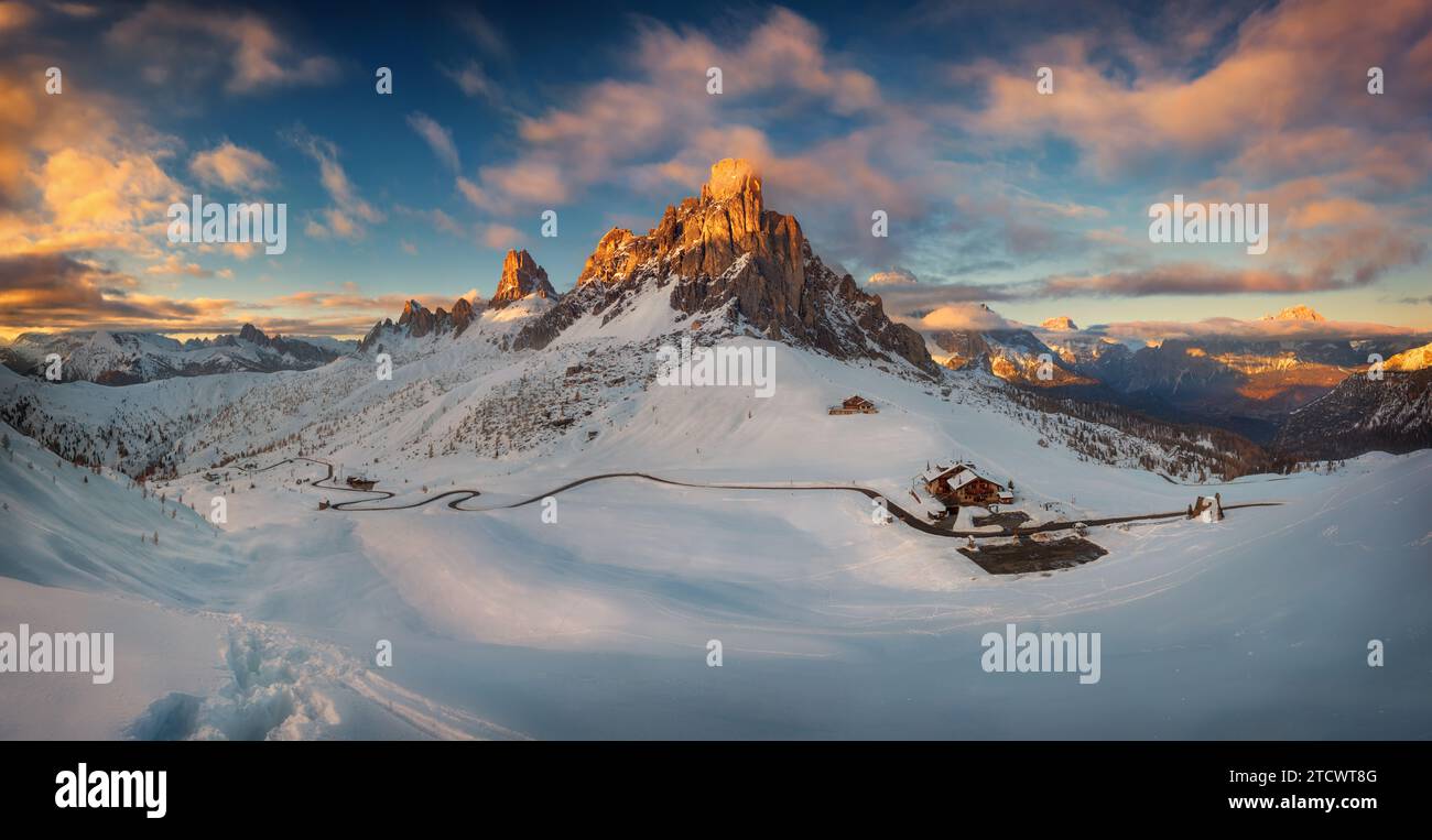 The Giau Pass  is a high mountain pass in the Dolomites in the province of Belluno in Italy. It connects Cortina d'Ampezzo with Colle Santa Lucia. Stock Photo