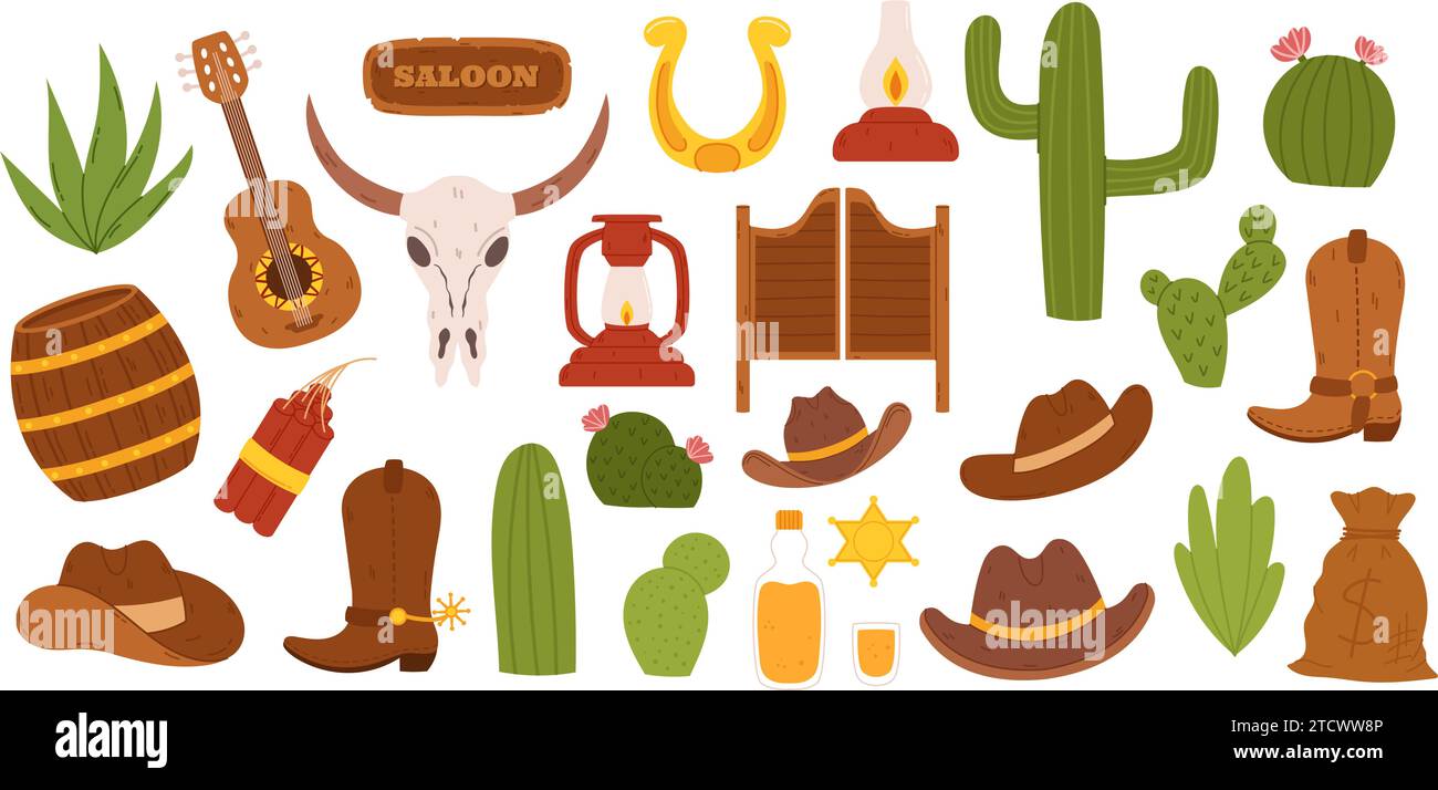 Collection with cowboy associated elements in flat had drawn style. Bull skull, dynamite and tequila bottle, cowboys boots and hat, cactus plants, bag Stock Vector