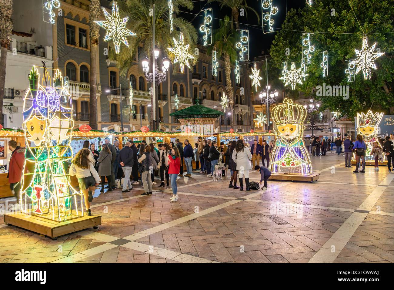 Huelva, Spain - December 10, 2023: Christmas markets in Plaza de las Monjas, nuns square, with Christmas decoration in Huelva City center, Andalusia, Stock Photo