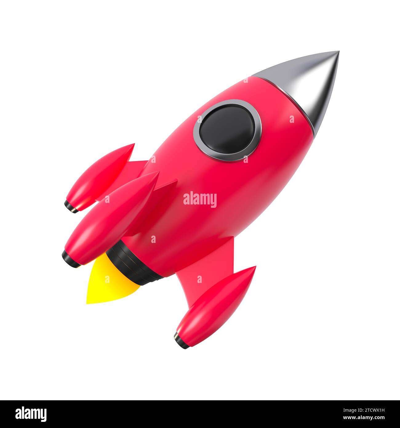 Cartoon red and chrome rocket launching isolated. Spaceship of successful business startup concept. 3d rendering. Stock Photo