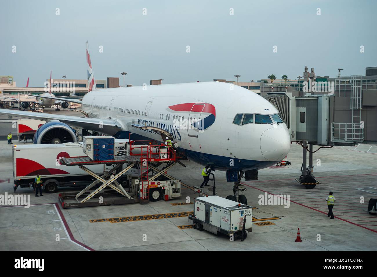 14.09.2018, Singapore, Republic of Singapore, Asia - British Airways Boeing 777-300 ER passenger aircraft is docked at Changi Airport. Stock Photo