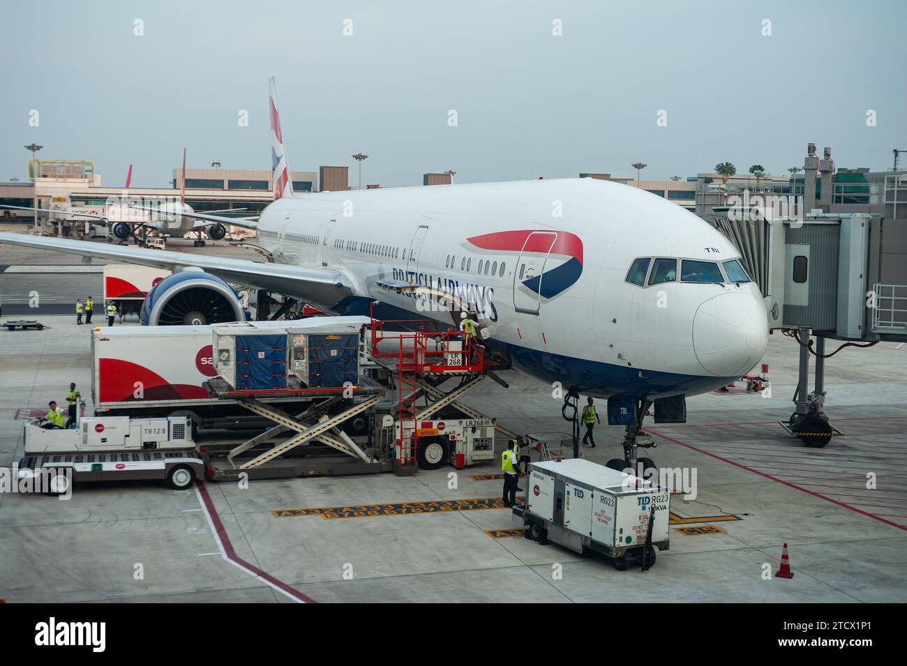 14.09.2018, Singapore, Republic of Singapore, Asia - British Airways Boeing 777-300 ER passenger aircraft is docked at Changi Airport. Stock Photo