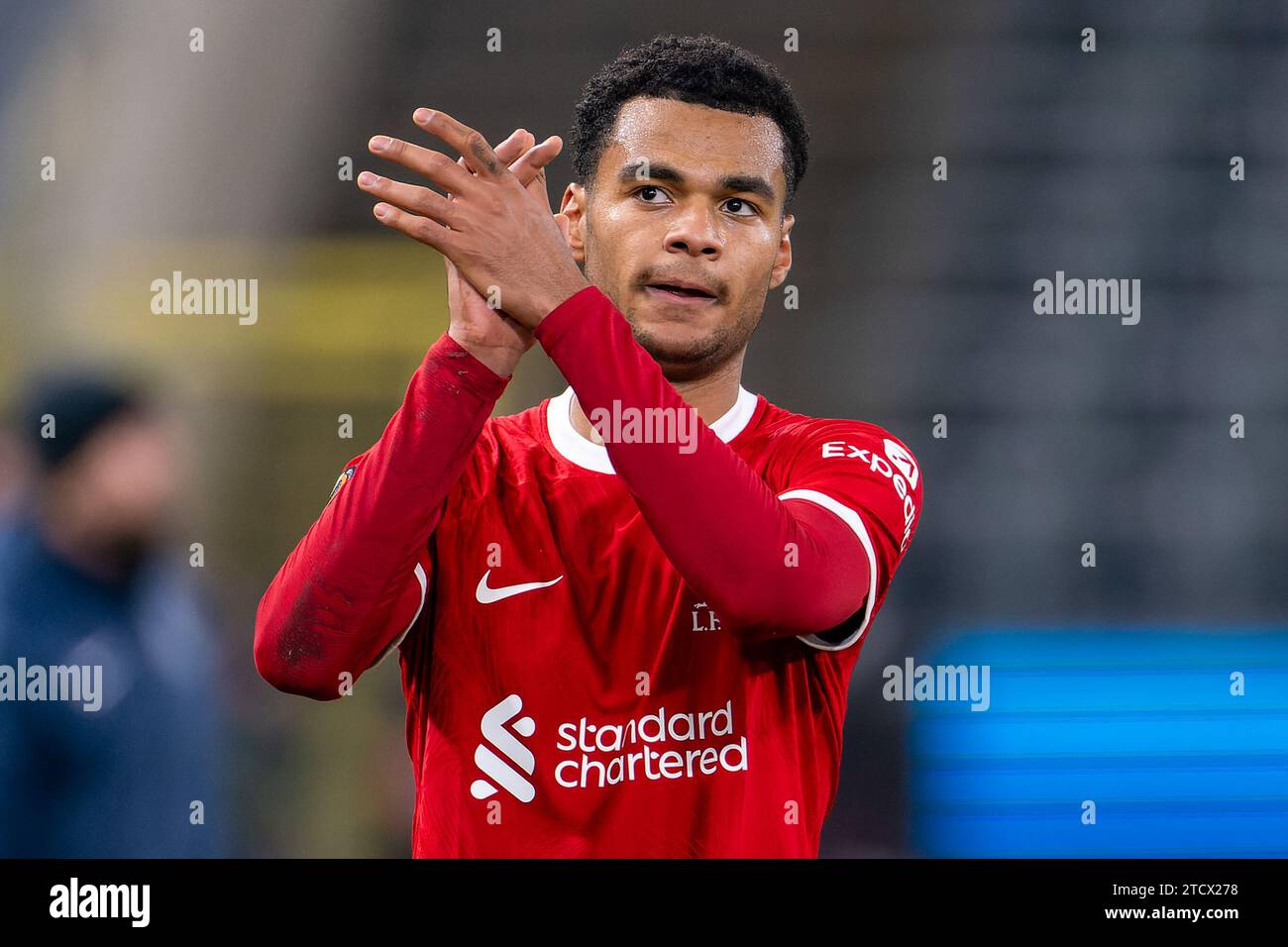 Brussels, Belgium. 14th Dec, 2023. BRUSSELS, BELGIUM - DECEMBER 14: Cody Gakpo of Liverpool applauds for the fans during the UEFA Europa League Group E match between Royale Union Saint-Gilloise and Liverpool FC at the RSC Anderlecht Stadium on December 14, 2023 in Brussels, Belgium. (Photo by Joris Verwijst/BSR Agency) Credit: BSR Agency/Alamy Live News Stock Photo