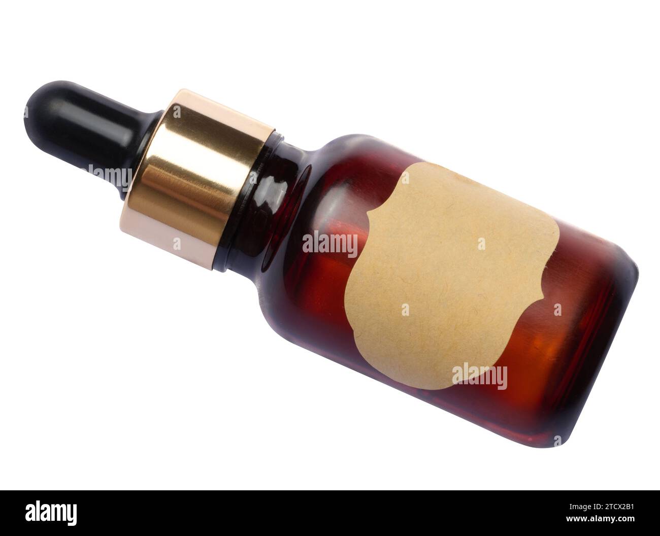 Brown glass bottle with label and pipette on isolated background ...