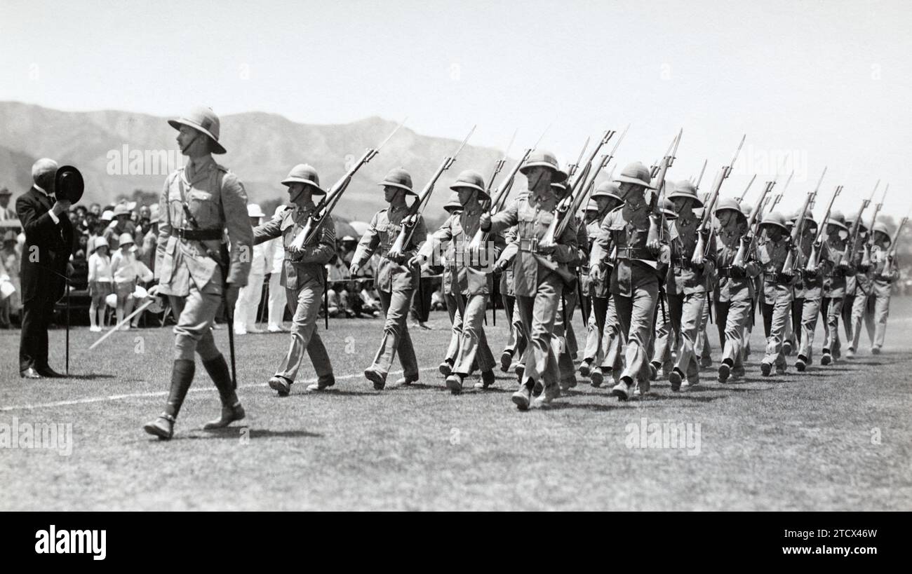 A section of Royal Engineers marching on parade in tropical dress c. early 1930s. Stock Photo