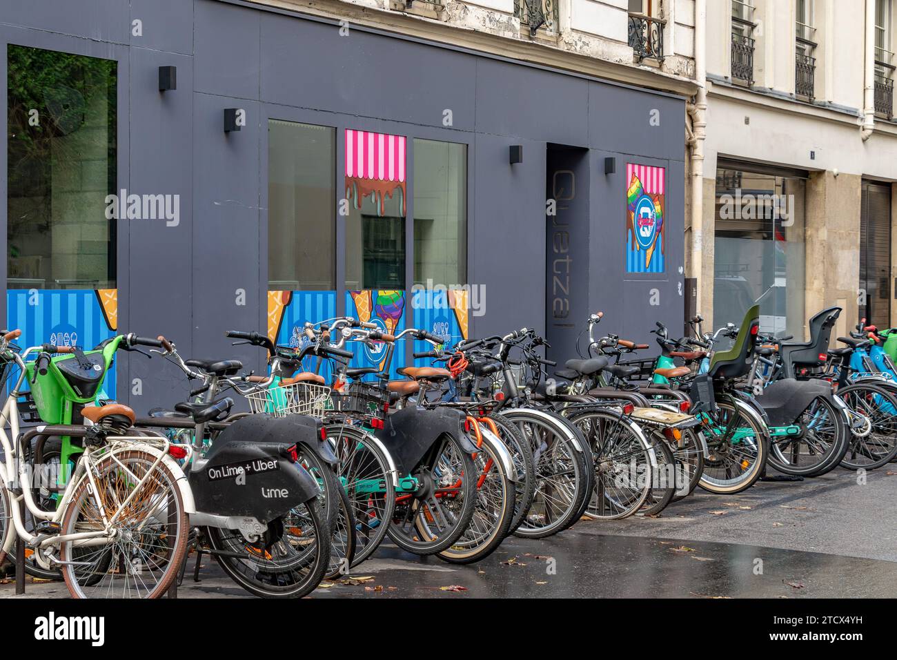 Paris Bike Racks Bicycles parked up in a bike rack on Rue de Moussy in the Marais ...