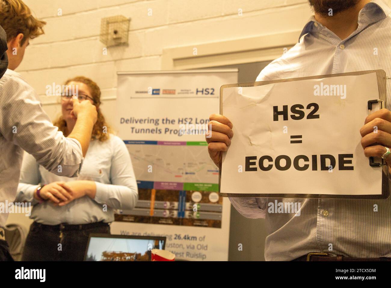 Student activists target the Exeter Careers Fair as fossil fuel companies and developers such as Large Diameter Drilling  HS2 are invited to the event Stock Photo