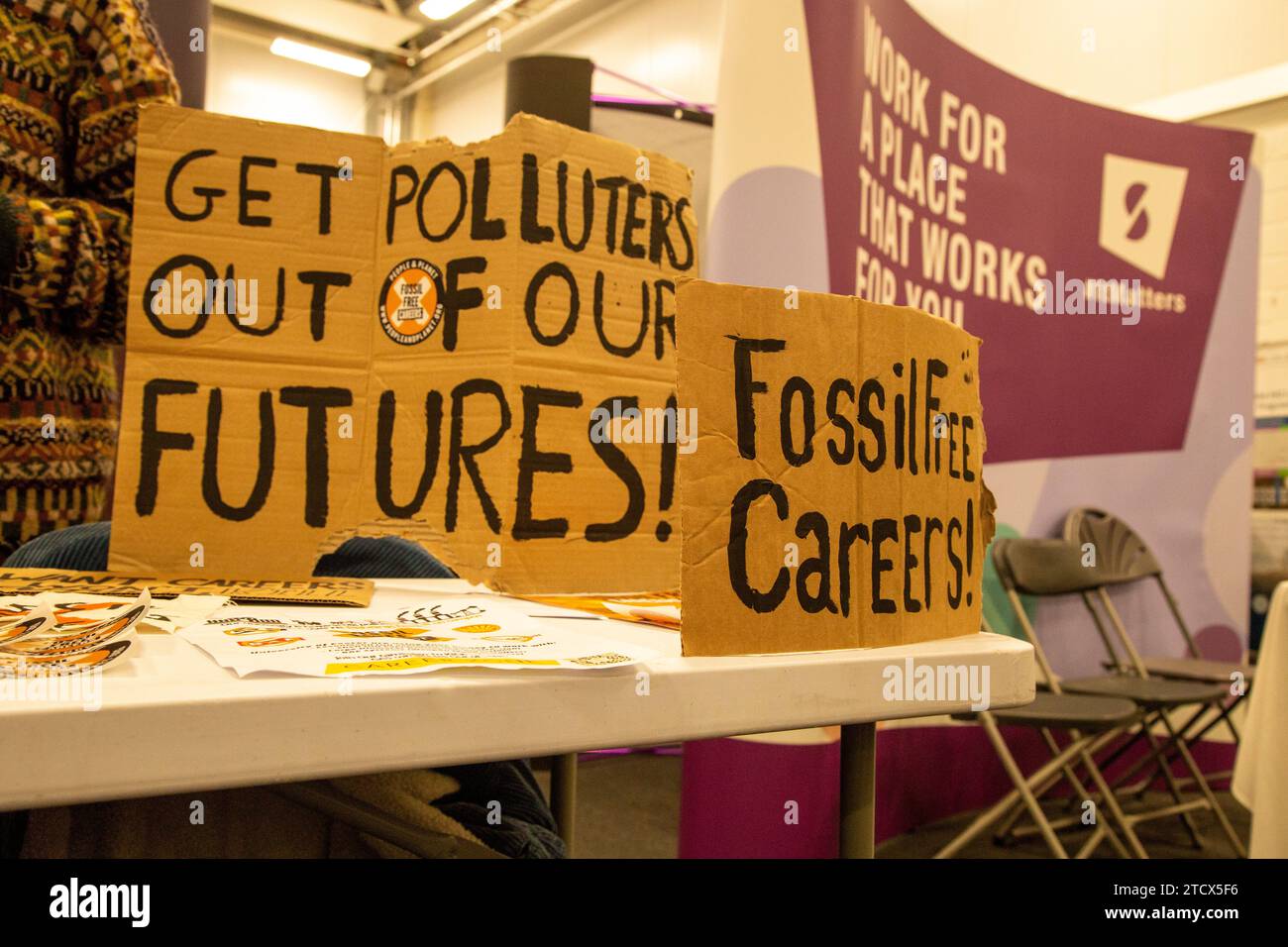 Student activists target the Exeter Careers Fair as fossil fuel companies and developers such as Large Diameter Drilling  HS2 are invited to the event Stock Photo