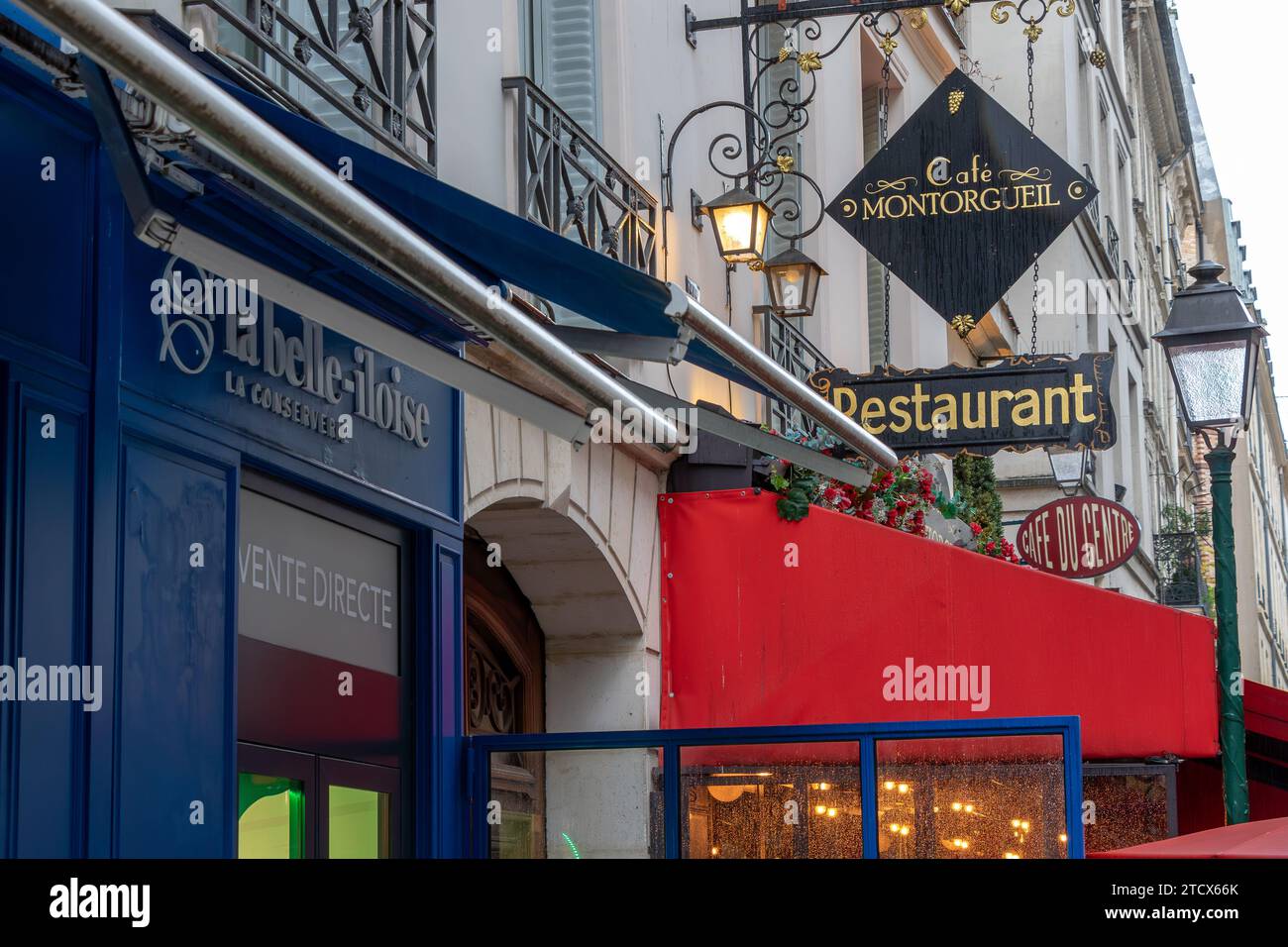 Shop and restaurant signs on Rue Montorgueil,Paris ,France Stock Photo