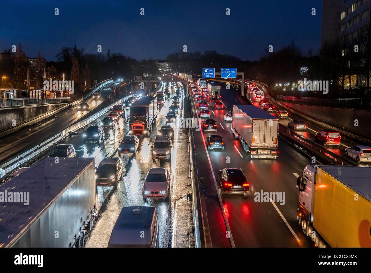 Evening traffic jam on the A40 motorway, city thoroughfare, Essen-Huttrop junction, traffic jam in both directions, NRW, Germany, Stock Photo