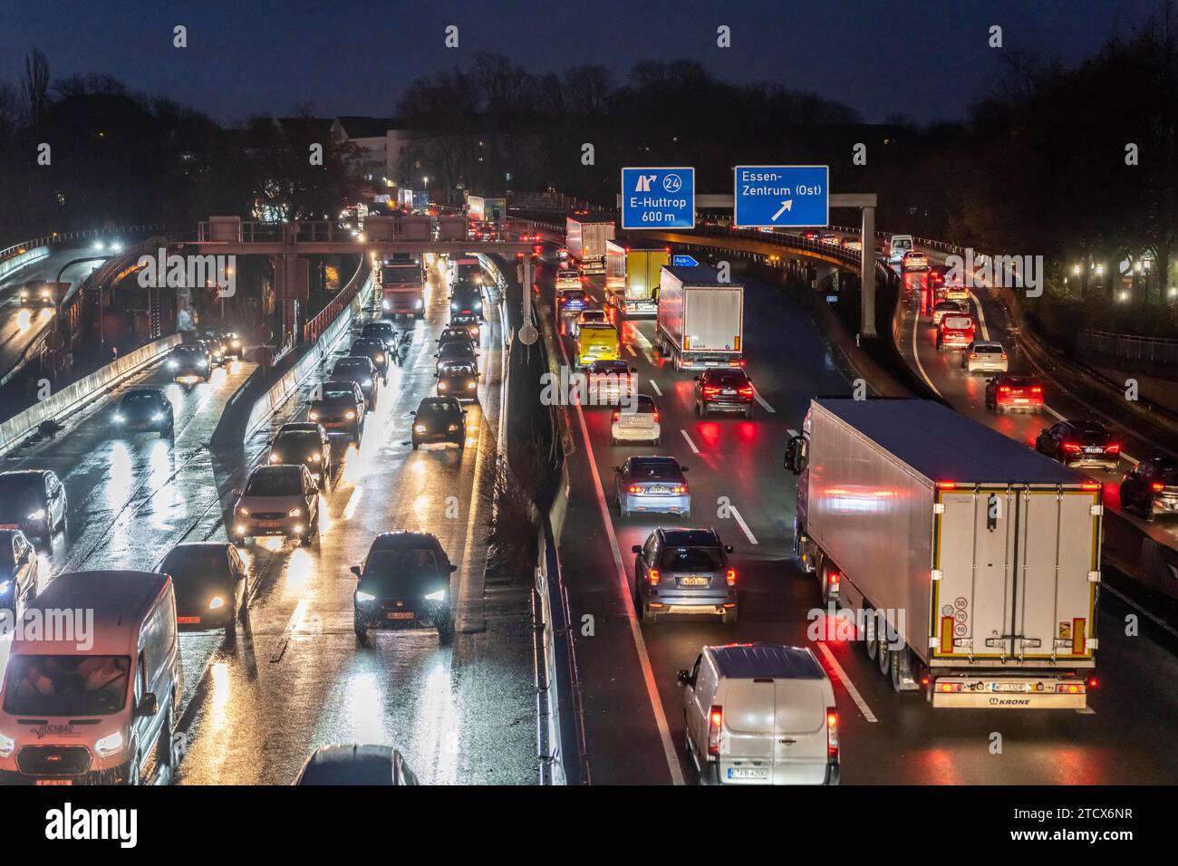Evening traffic jam on the A40 motorway, city thoroughfare, Essen-Huttrop junction, traffic jam in both directions, NRW, Germany, Stock Photo