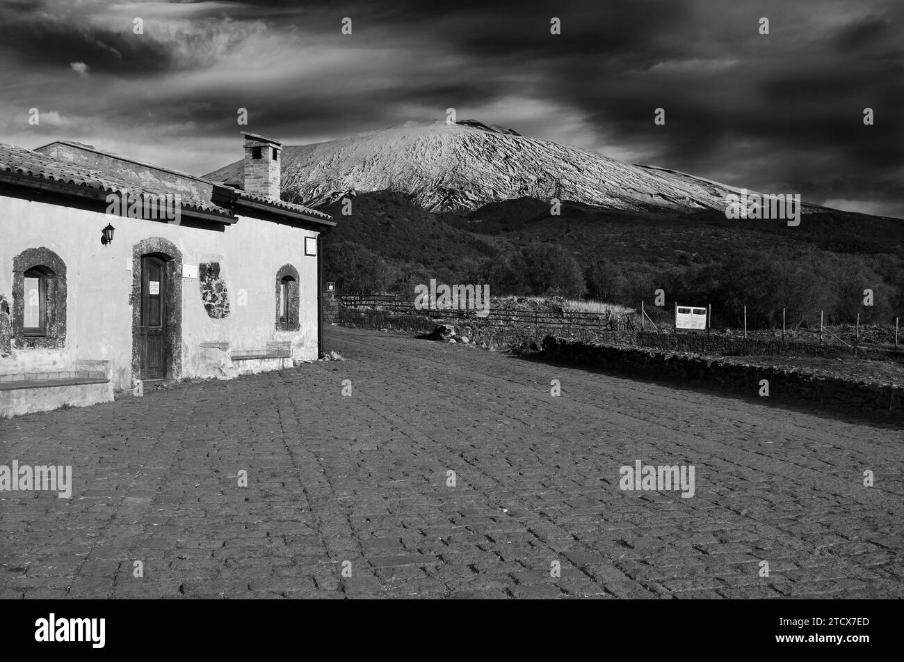 refuge base point 'Piano dei Grilli' of Etna Park in black and white, Bronte, Sicily, Italy Stock Photo