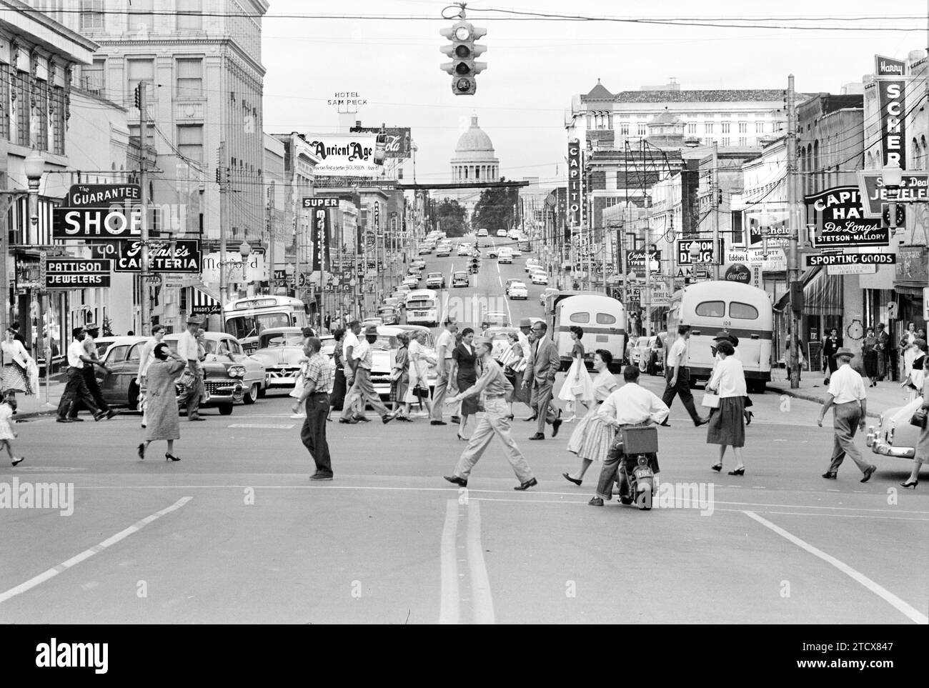 Downtown street scene at the time of the closing of high schools to prevent integration, Little Rock, Arkansas, USA, Thomas J. O'Halloran, U.S. News & World Report Magazine Photograph Collection, September 17, 1958 Stock Photo