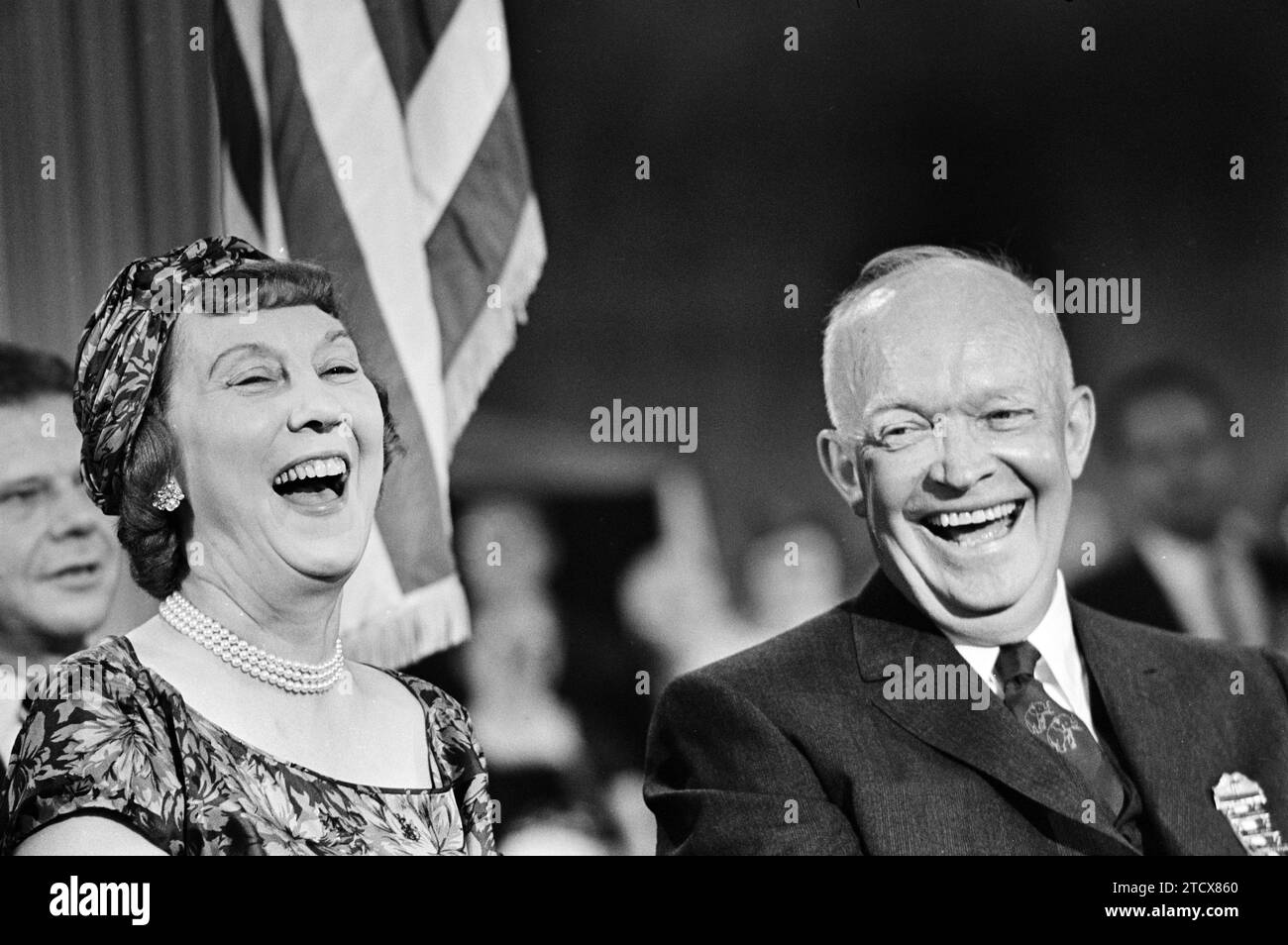U.S. President Dwight D. Eisenhower and his wife First Lady Mamie Eisenhower smiling during Republican National Convention, Chicago, Illinois, USA, Warren K. Leffler, U.S. News & World Report Magazine Photograph Collection Stock Photo