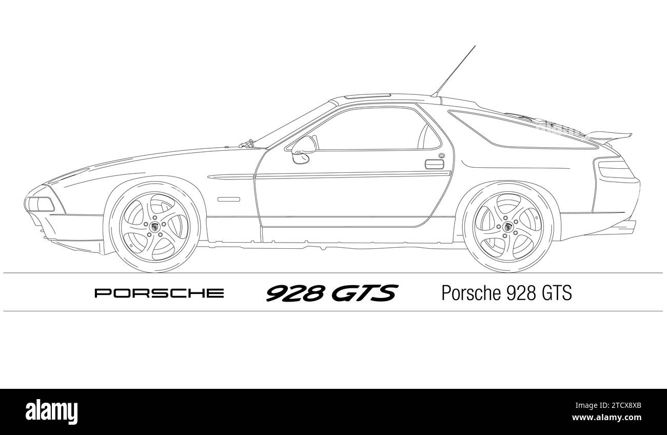 Germany, year 1992, Porsche 928 GTS model vintage classic car, illustration outlined on the white background Stock Photo