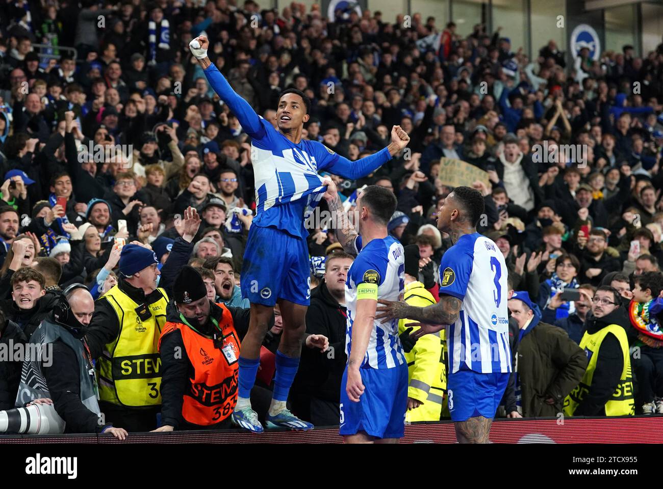 Brighton and Hove Albion's Joao Pedro celebrates scoring their side's first goal of the game during the UEFA Europa League group B match at the American Express Stadium, Brighton. Picture date: Thursday December 14, 2023. Stock Photo