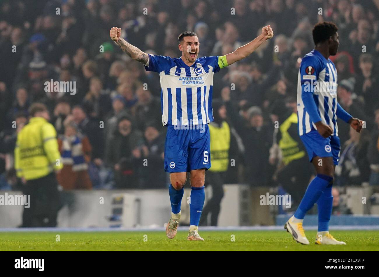 Brighton and Hove Albion's Lewis Dunk celebrates after the UEFA Europa League group B match at the American Express Stadium, Brighton. Picture date: Thursday December 14, 2023. Stock Photo