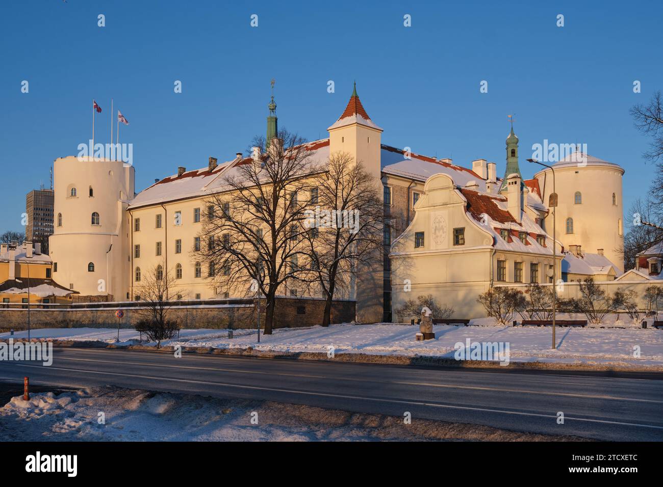 Old town of Riga - medieval Riga castle in the winter. Latvian presidential residence. Riga, Latvia. Stock Photo