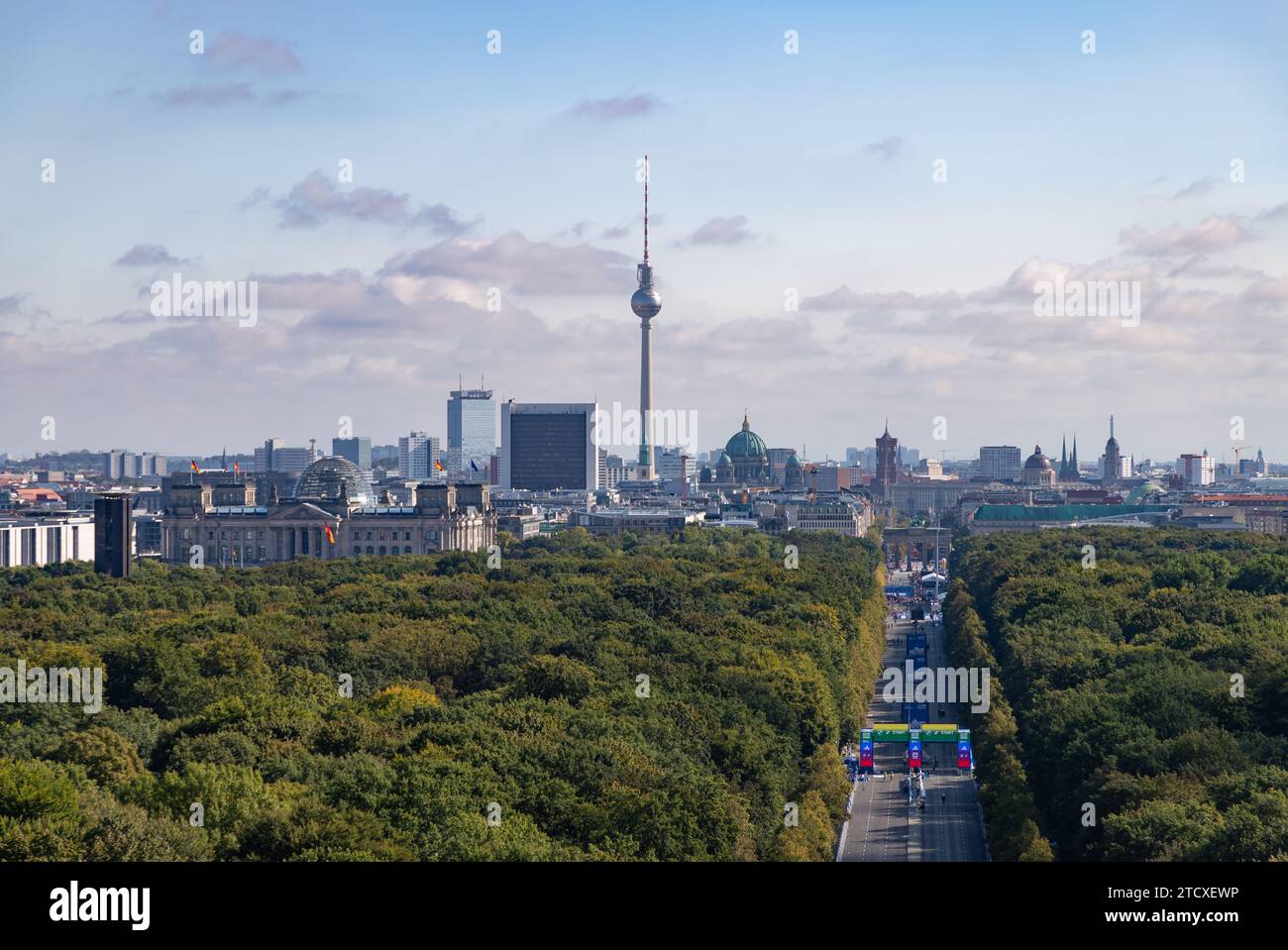 A picture of some Berlin landmarks beyond the Tiergarten while the 2023 Berlin Marathon is being held. Stock Photo
