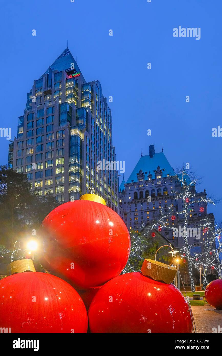 Fairmont Vancouver Hotel, Christmas Holiday Lights, Vancouver, British Columbia, Canada Stock